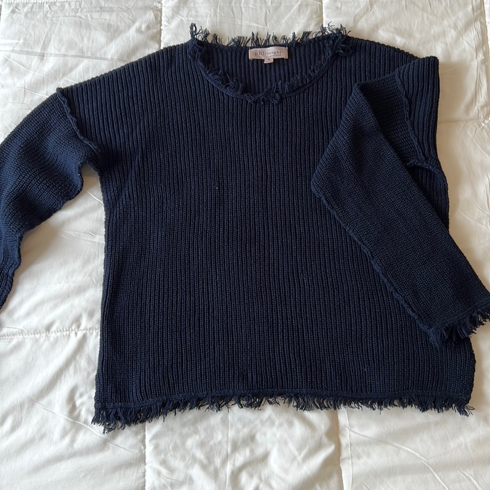 Philosophy Women's Medium Knit Sweater Top Dark Blue Long Sleeve Boho FRINGE Hem